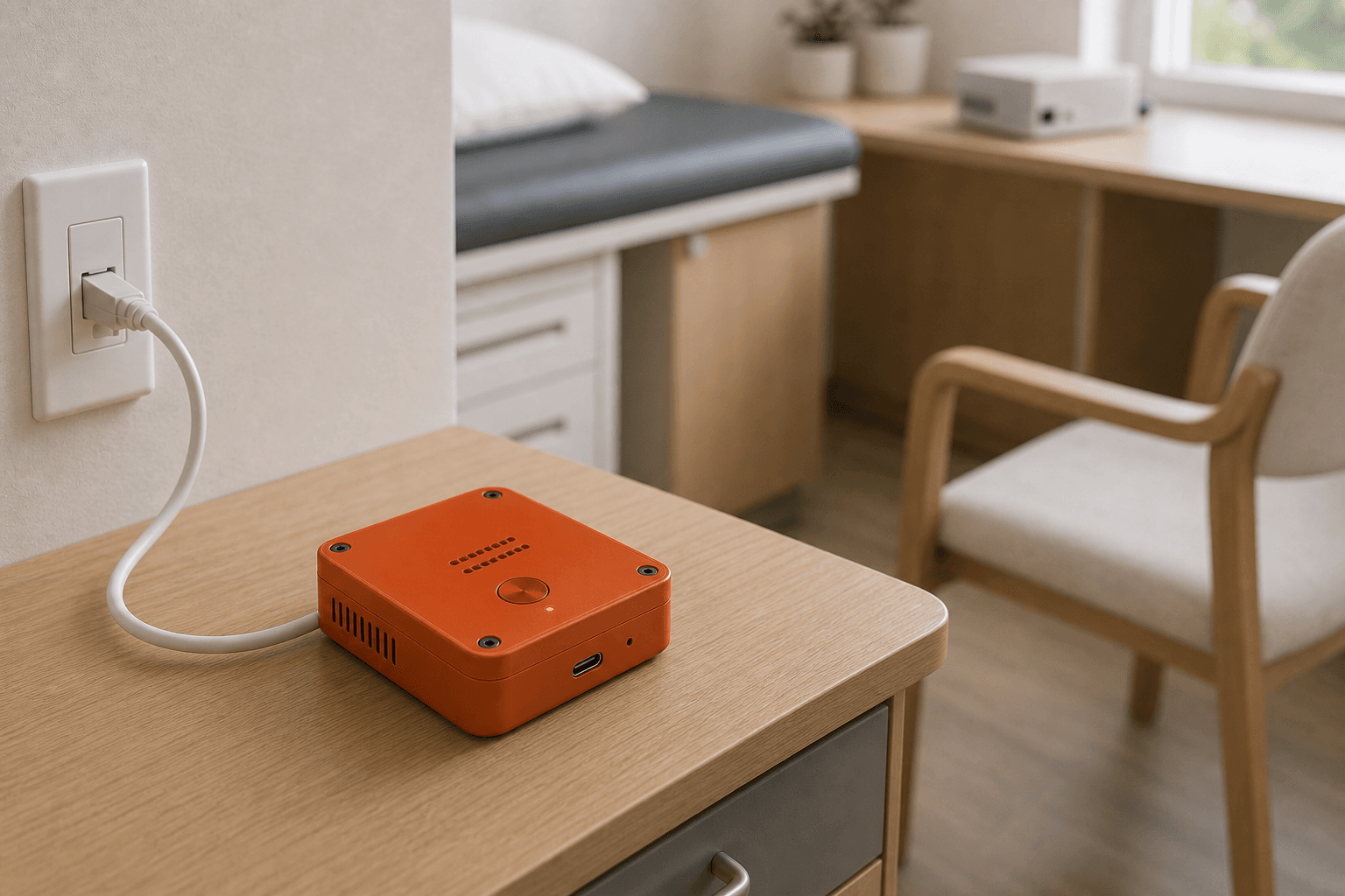 Orange Basis room mic capture device on a side table in a medical exam room.