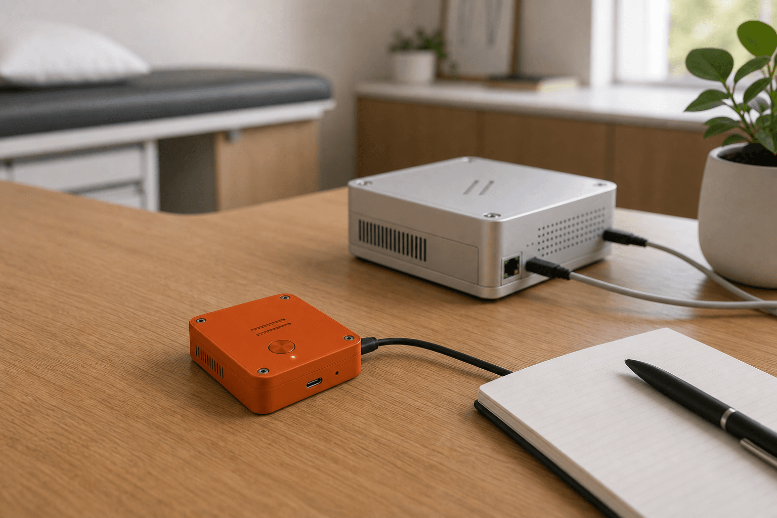 Orange Basis room mic capture device on a physician office desk with the silver Basis appliance behind it.