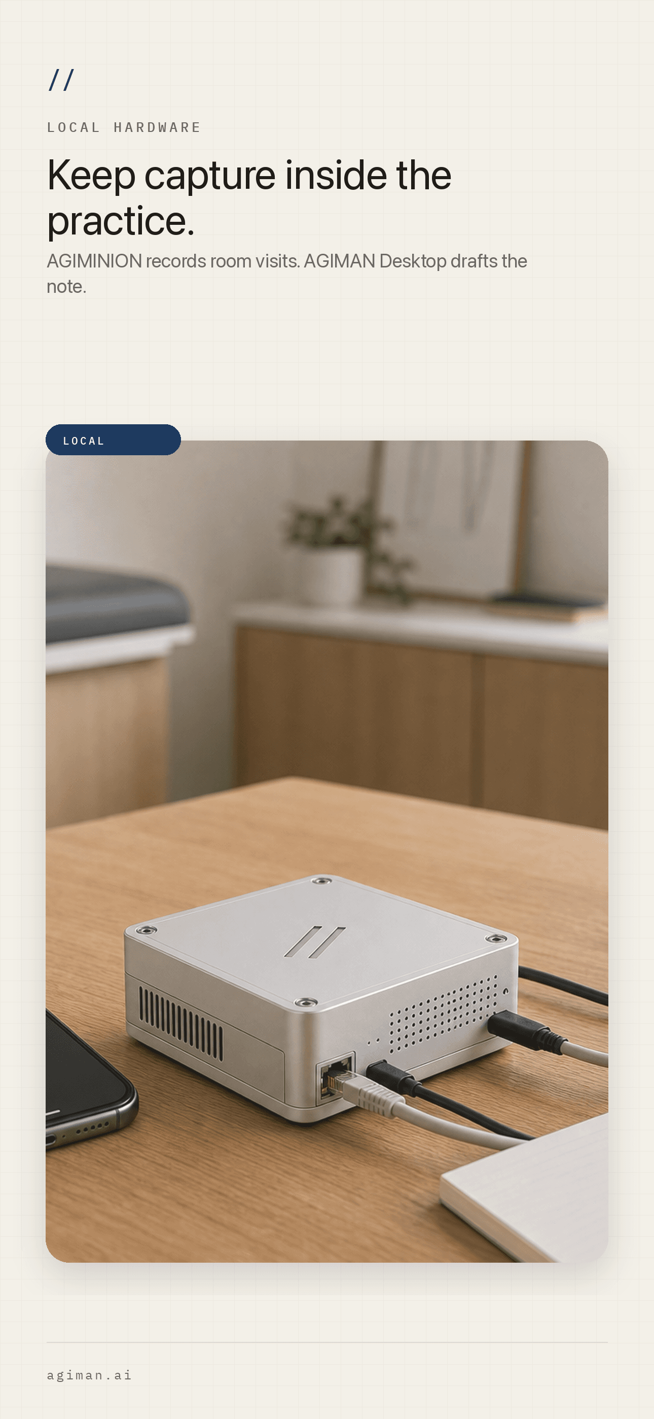 Basis appliance screenshot showing the local hardware used for practice-owned recording.