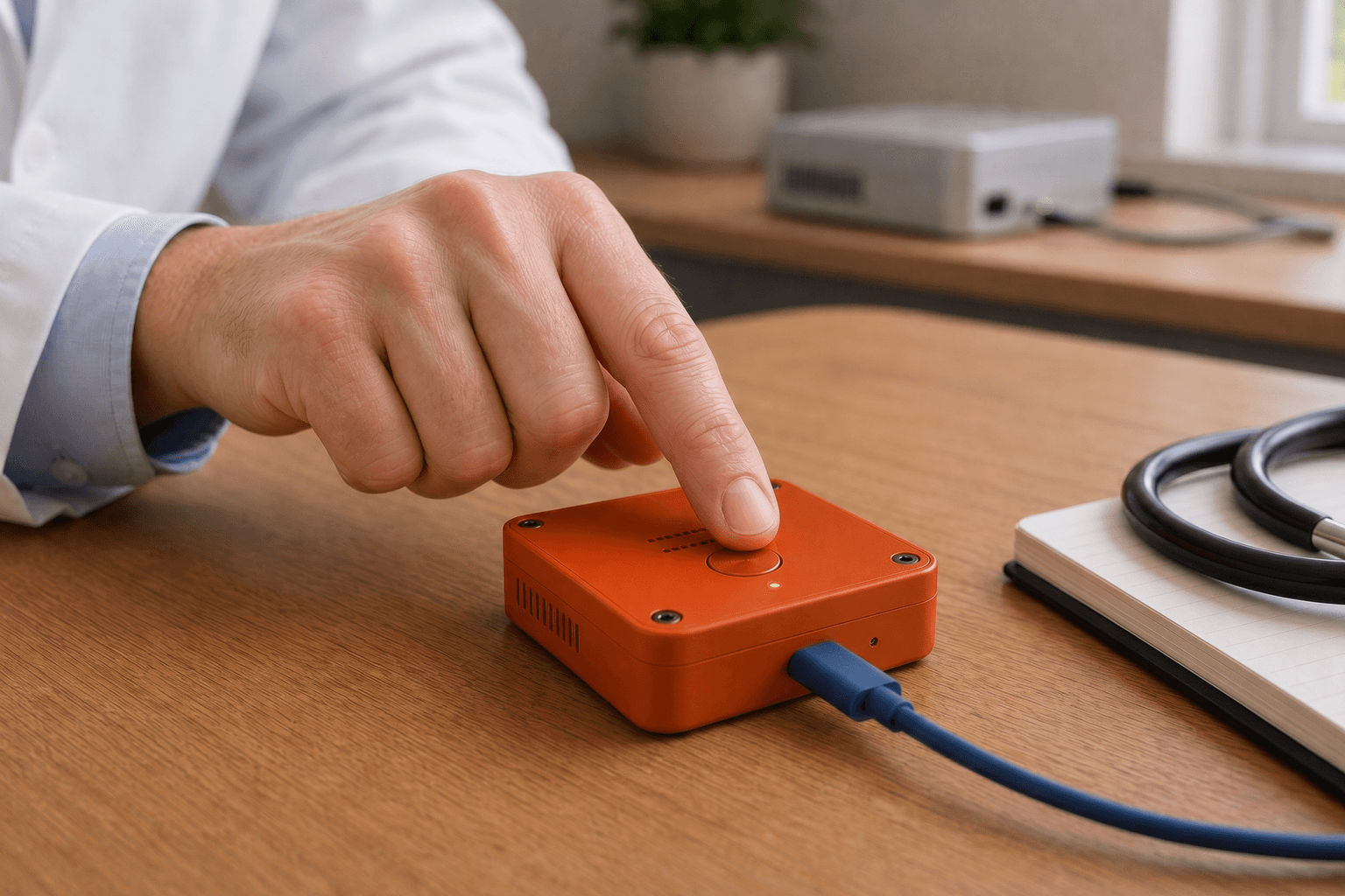 Provider pressing the circular record button on an orange Basis Voice Device.